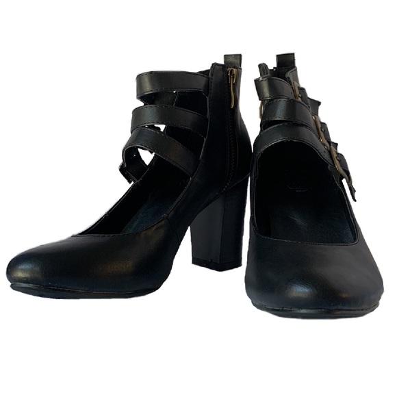 Vintage Style Buckle Strap Stack Heel Zipper Black Ankle Boot Shoes Women's - Picture 2 of 10